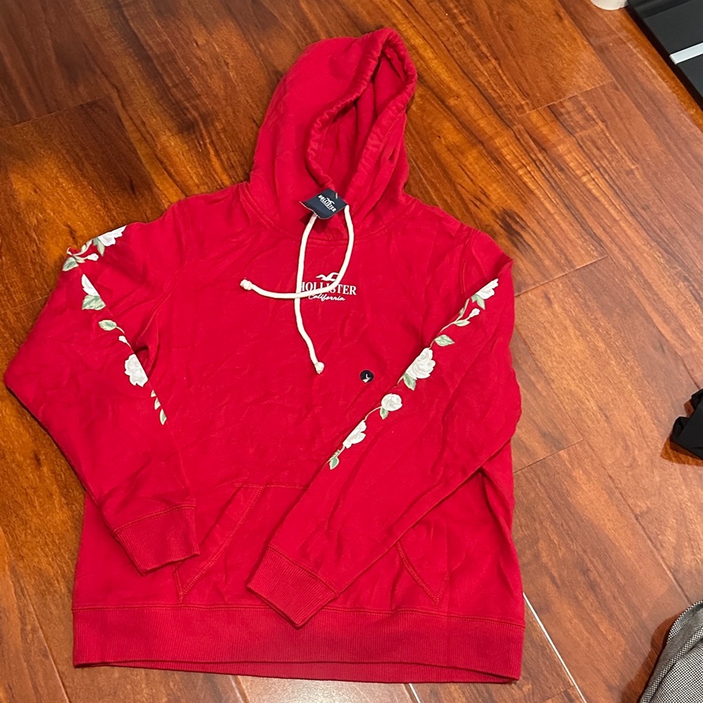 Hollister Red Hoodie with White Floral Sleeves